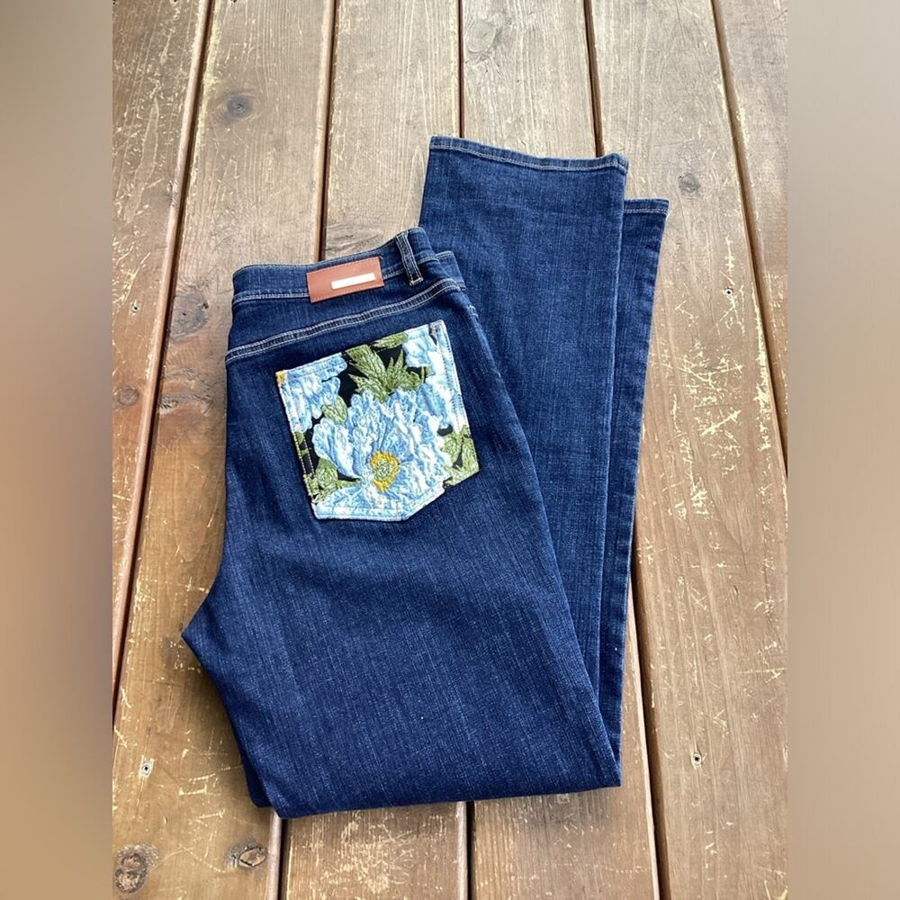 ESCADA Dark Blue  Foral  Embroidered Designer Denim Jeans Size 42